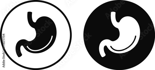 Stomach icon set, clean black and white vector design of stomach symbols for anatomy diagrams, healthcare visuals, and wellness content.
