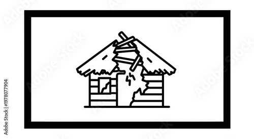 Damaged House Icon: Ruined Home, Broken Roof, Destroyed Building, Disaster Symbol