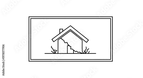 Damaged House Icon with Crack, Earthquake or Disaster Symbol