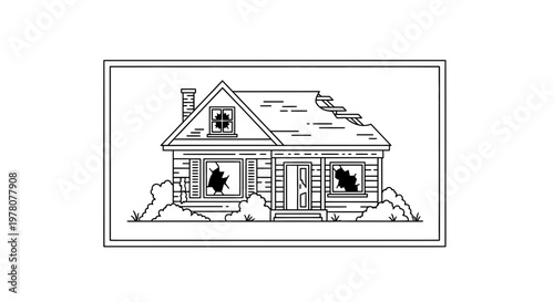 Damaged House with Broken Windows and Shingles, Outline Illustration
