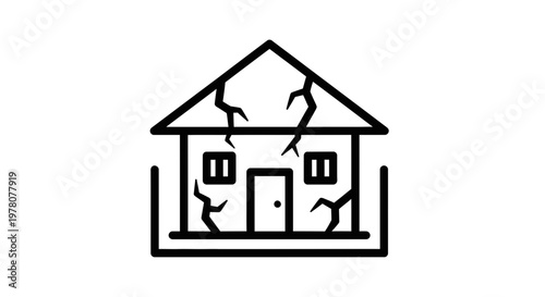 Damaged House Icon with Cracks, Symbolizing Home Repair, Insurance, and Structural Issues