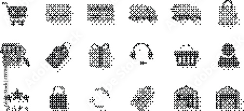 Shopping Icons Pixelated Bitmap Halftone Dotted Dither Vector Set Isolated