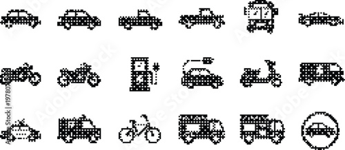 Transportation Icons Pixelated Bitmap Halftone Dotted Dither Vehicle Car Motorcycle Truck Bus Scooter Bicycle Firetruck Ambulance Gas Station