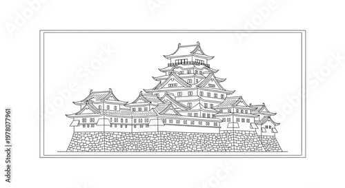Detailed Black and White Sketch of a Japanese Castle on a Stone Foundation