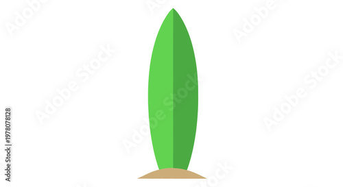 Green surfboard standing upright in beach sand, flat design, isolated on white background
