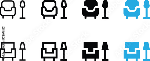Set of armchair and floor lamp icons in various styles, including thin line, bold line, solid black, and blue flat design