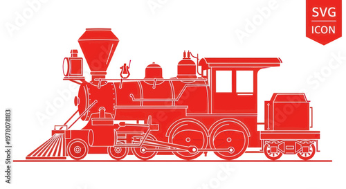 Vintage Red Steam Locomotive Silhouette Icon, Old Train Transportation Graphic