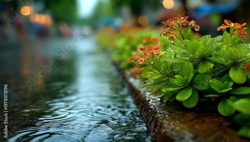 From the green roof's drainage, water pours out, and dense foliage grows along its perimeter, enabling urban greenery to thrive and sustain city rain runoff