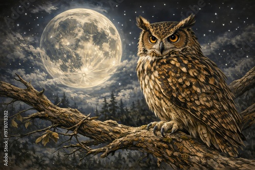 buho en una escena nocturna entre la luna y las estrellas