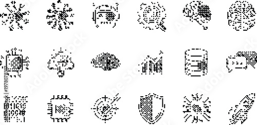 Technology Icons Pixelated Bitmap Halftone Dotted Dither Vector Data AI Cloud Brain CPU Security Rocket