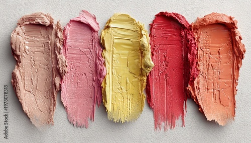 A selection of cream swatches on a white background, featuring pink, coral, orange, yellow, and beige makeup shades, with a smooth, creamy texture