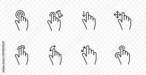 Touch gesture set icon. Tap action, press command, swipe down, drag move, double touch, rotate control, zoom interaction, mobile navigation