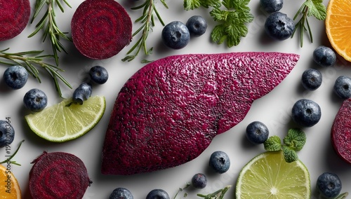 Healthy foods such as fruits, vegetables, and herbs surround a human liver model, delivering nutrients that support liver health, cleansing, and detoxification