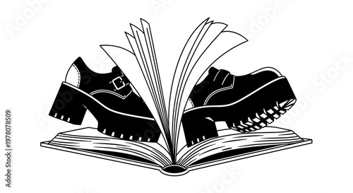 Black and white illustration of shoes on book.