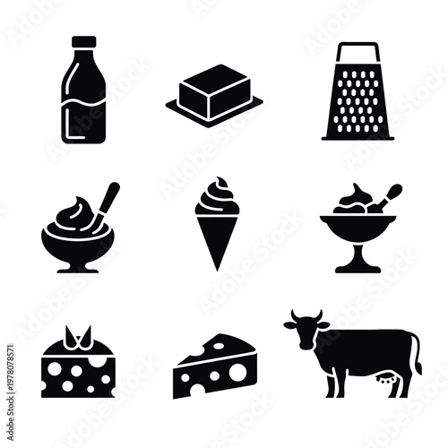 A collection of black and white icons depicting dairy products and related items