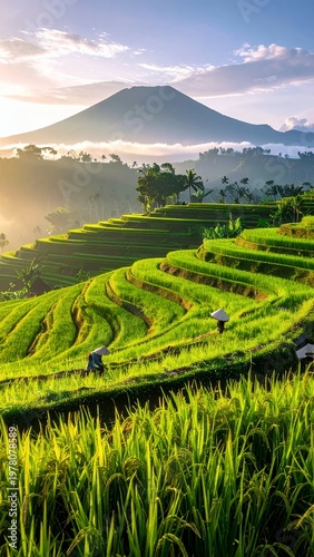 Lush Green Rice Terraces with Majestic Mountain Backdrop at Sunrise.