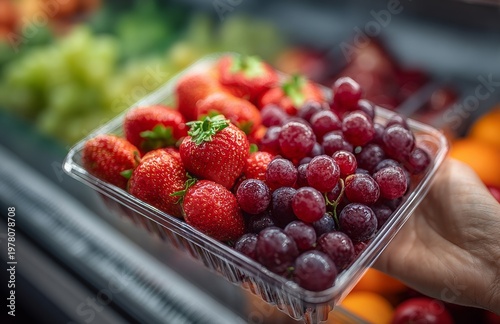 The person places a clear container full of berries, oranges, and greens in the fridge, and the kitchen fridge organizes fresh, healthy food, vegetables, fruits, and ingredients for meals
