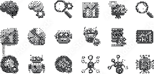 Pixelated Bitmap Halftone Dotted Dither Brain Magnifying Glass Data Robot Network Icon Set