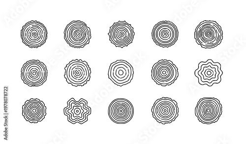 Minimal tree rings icon set wood circle texture line vector collection