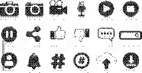Gradient Halftone Pixelated Bitmap Dither Social Media Icons Vector Isolated White
