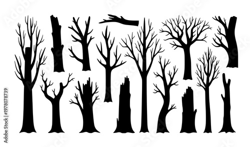 Dead and dry tree silhouettes set spooky forest trunks black vector illustration