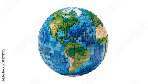 Obraz na plátně Blue Green Earth Globe Constructed from Small Plastic Blocks