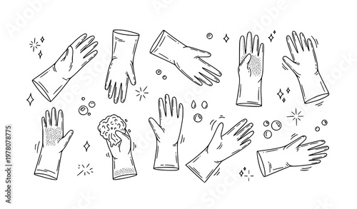 Cleaning gloves doodle set hand drawn rubber gloves with bubbles vector illustration