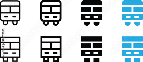 Set of bus icons in various styles, including outline, solid, and colored versions, representing public transport and travel