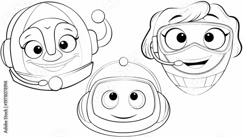 Vector set of three smiling robotic chat bot characters with headset and support