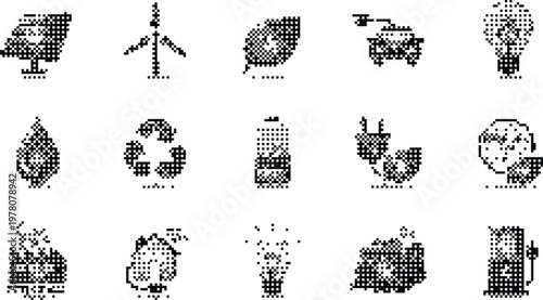 Eco Energy Icons Pixelated Bitmap Halftone Dotted Dither Solar Wind Leaf Car Light Fire Recycle Battery Plug Clock Factory House Light Bulb