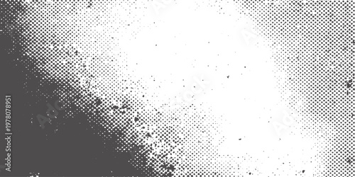 Abstract black and white grunge background featuring a vector pattern of ink splashes and halftone dots with a dirty paint texture and splat silhouette design
