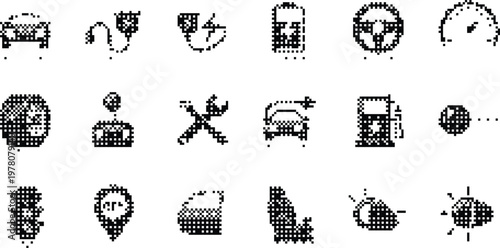 Automotive Icons Pixelated Bitmap Halftone Dotted Dither Car Charging Battery Steering Speedometer Service Fuel Traffic GPS Seat Headlight