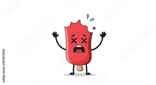 A humorous cartoon illustration of a red popsicle character with a bite taken out of it showing a dead expression with X's for eyes.