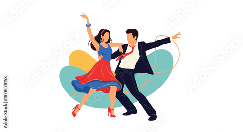 An elegant and energetic couple dressed in stylish attire performing a passionate dance like salsa or swing on a white background.