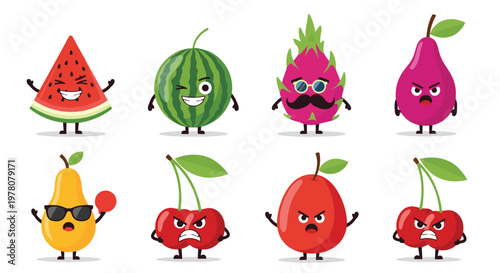 A collection of funny and expressive cartoon fruit characters including a cool pear an angry cherry and a happy slice of watermelon.