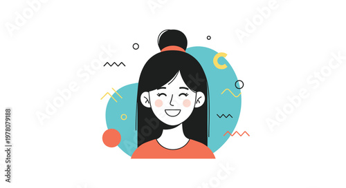 A minimalist and modern avatar of a happy young woman with dark hair in a bun smiling against a backdrop of abstract shapes.