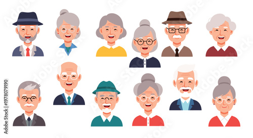 A diverse and cheerful collection of senior citizen avatars showing elderly men and women with happy expressions on a white background.