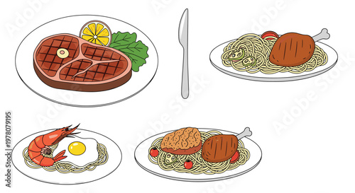 A delicious set of hand-drawn food illustrations featuring meals like grilled steak spaghetti with chicken and noodles with shrimp.