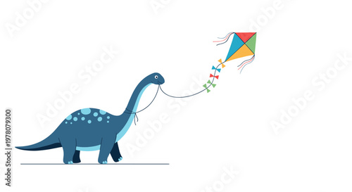 A whimsical and charming illustration of a large blue brachiosaurus dinosaur walking happily while flying a colorful kite.