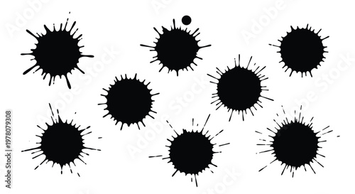 A collection of nine different black ink splatters and blots with dynamic splashes perfect for grunge and artistic design projects.