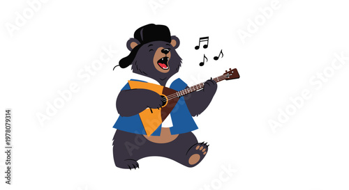 A charming cartoon of a Russian bear wearing a traditional hat and shirt while sitting and playing a balalaika and singing.