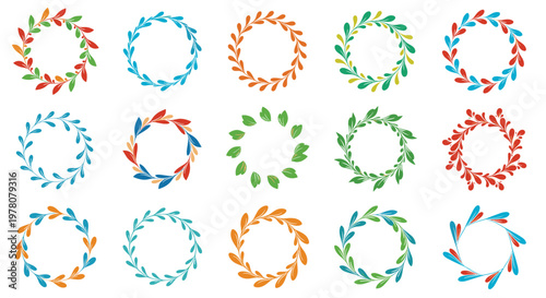 A vibrant collection of fifteen hand-drawn circular wreaths made of stylized leaves in various bright and cheerful color schemes.