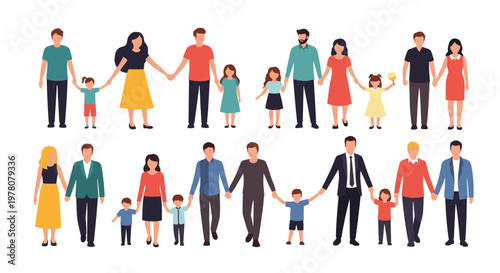 A diverse collection of various family units including traditional and same-sex couples with children all walking and holding hands.