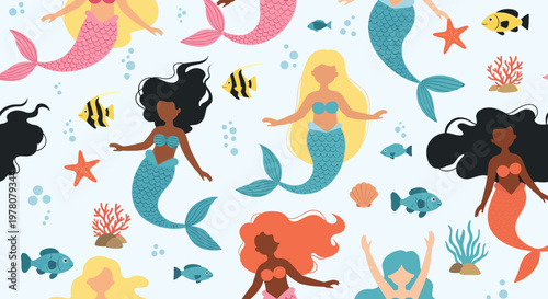 A beautiful seamless pattern of diverse and multicultural mermaids swimming in the ocean with fish starfish and coral reefs.
