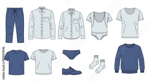 A neatly arranged collection of men's clothing and accessory sketches including shirts pants shoes underwear and socks in blue tones.