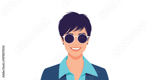 A cool and confident avatar of a smiling woman with short dark hair and stylish round sunglasses on a clean white background.