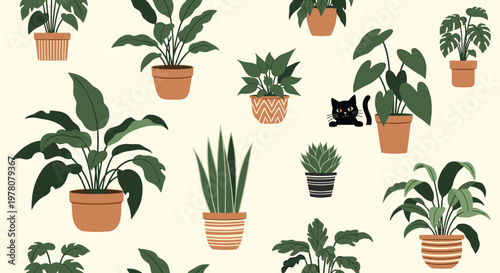 A charming seamless pattern of various green potted house plants with a cute black cat peeking out from behind one of the leaves.