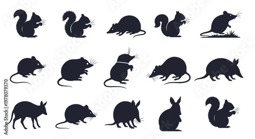 A collection of black silhouettes of various small rodents and insectivores including squirrels mice rats and shrews in different poses.
