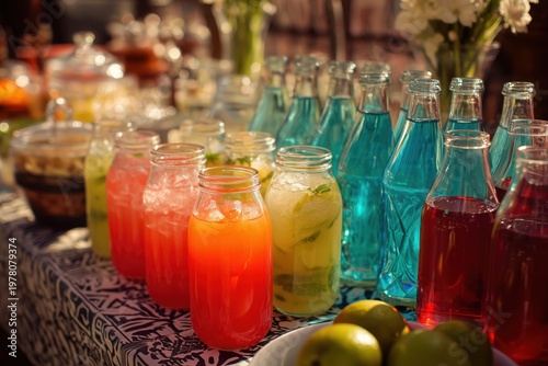 Colorful homemade drinks in glass bottles and jars on a patterned tablecloth, with fresh limes and flowers in the background.