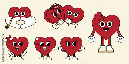 Charming cartoon hearts with faces and limbs display affection and joy
